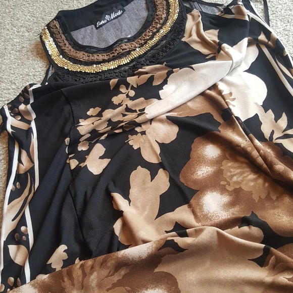 Vintage sepia floral midi dress sequined neck halter, M - Picture 4 of 6